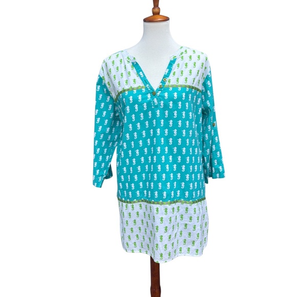 Hatley Other - Hatley Women’s L Coastal Beach Seahorse 100% Cotton Aqua Swim Cover Up Tunic